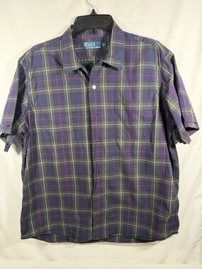Ralph Lauren Plaid Short-Sleeve Button-Down Shirt in Blue, Gray and Red